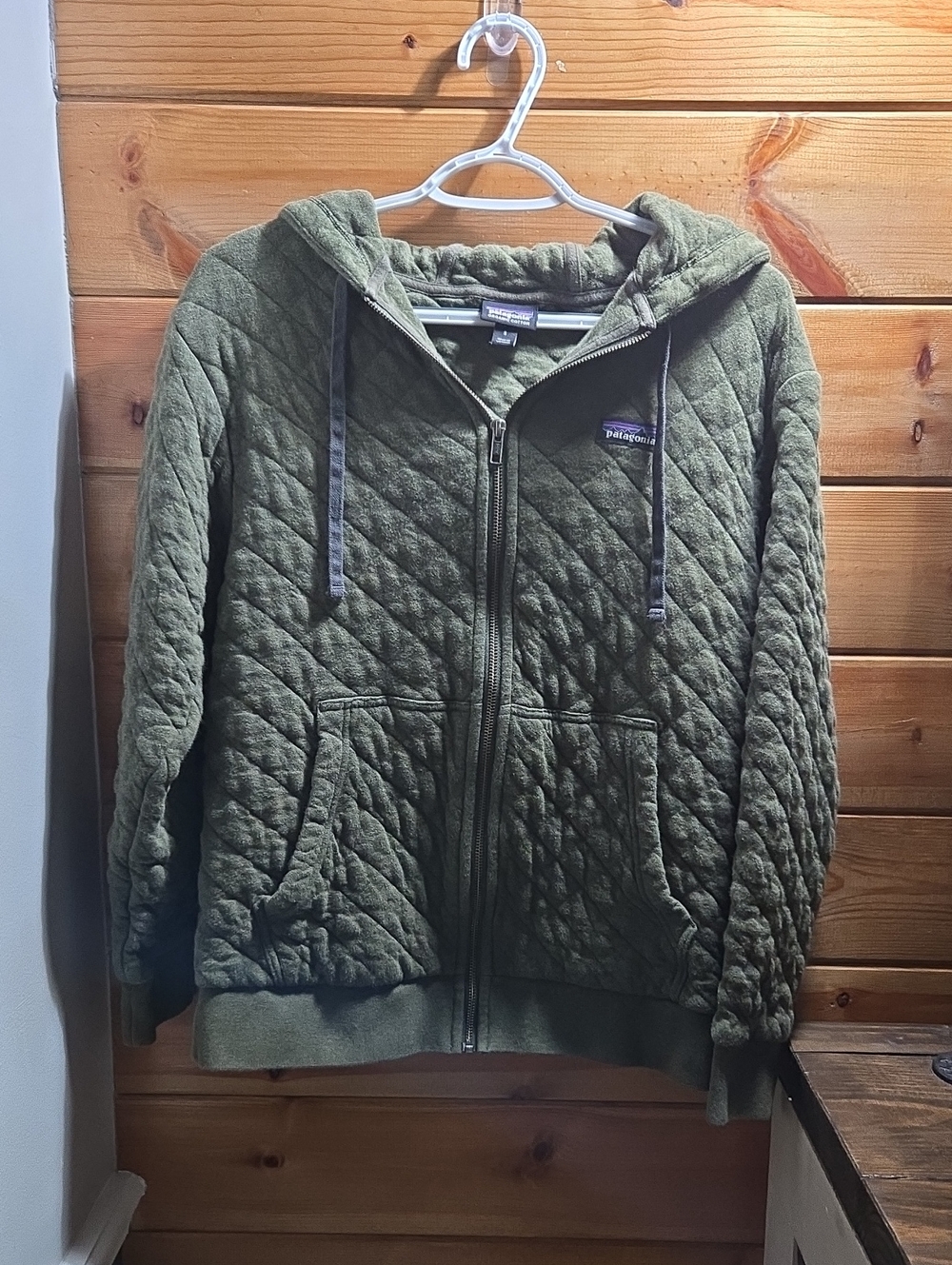 Patagonia Olive Green Quilted Full-Zip Hoodie Organic Cotton 0557